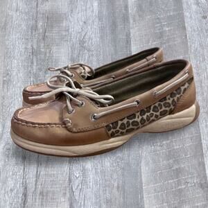 Sperry Angelfish Brown Leather Boat Shoe Womens 7 Leopard Slip On Loafer 9770116